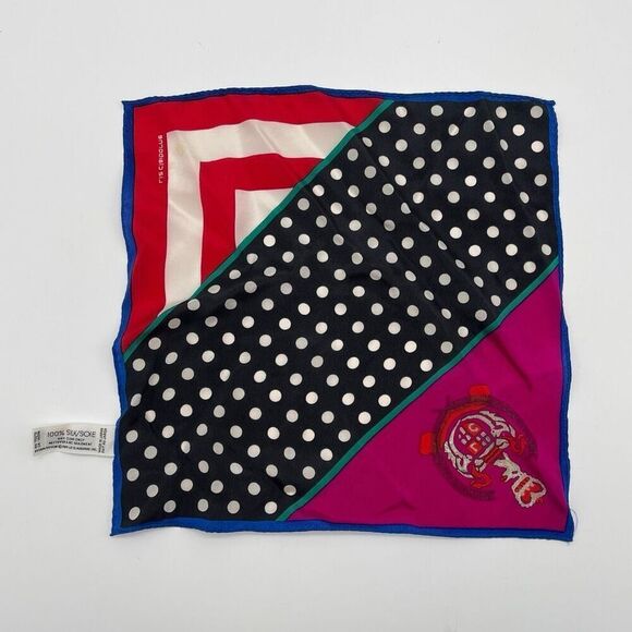 Vintage LIZ CLAIBORNE Silk Scarf Red Pink Blue Polka Dot Stripes Crest Square - Picture 1 of 11
